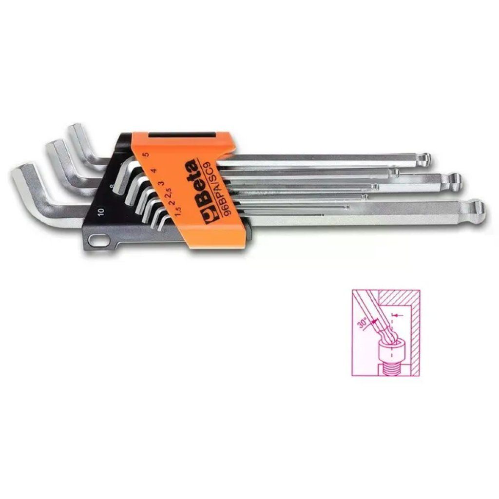 Beta 96BP-SC9 Set di 9 chiavi a brugola piegate con testa sferica, 1,5–10 mm Beta 96BP-SC9 Set di 9 chiavi a brugola piegate con testa sferica, 1,5–10 mm