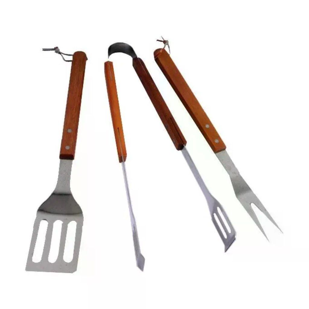 LAPILLO Set 3 Utensili per Barbecue in Acciaio Inox e Legno