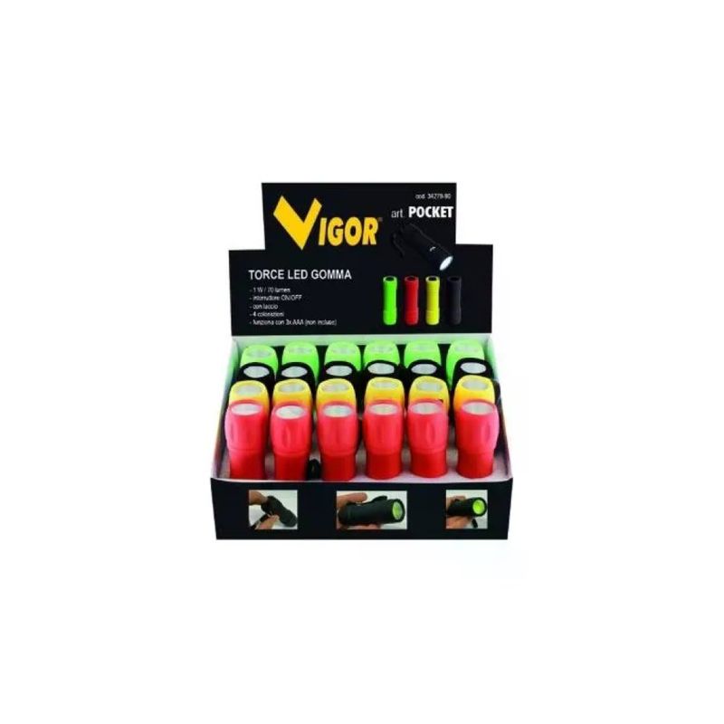 VIGOR-BLINKY Vigor 3427990 – Espositore con 24 torce LED in gomma, colori assortiti