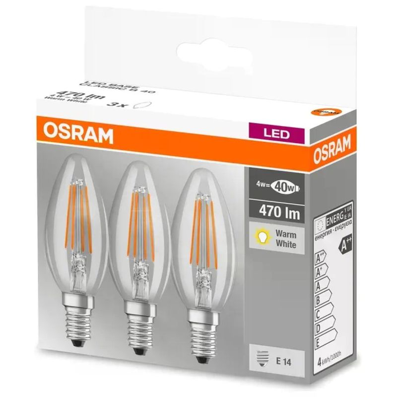 OSRAM Base Classic B Lampadine LED E14 4 W, 470 lm, 2700 K, confezione da 3