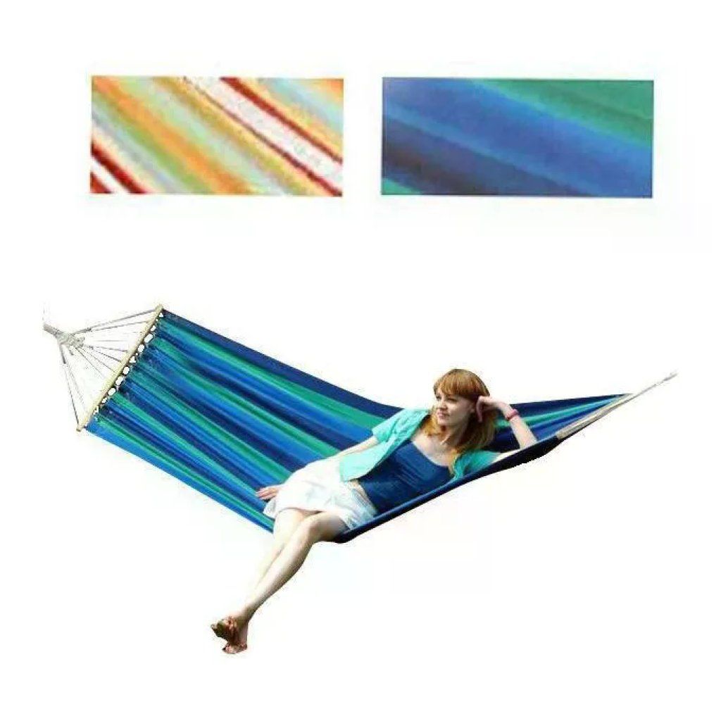 Vette Bahamas Amaca in Cotone Blu-Verde con Barre in Betulla, 200 x 100 cm