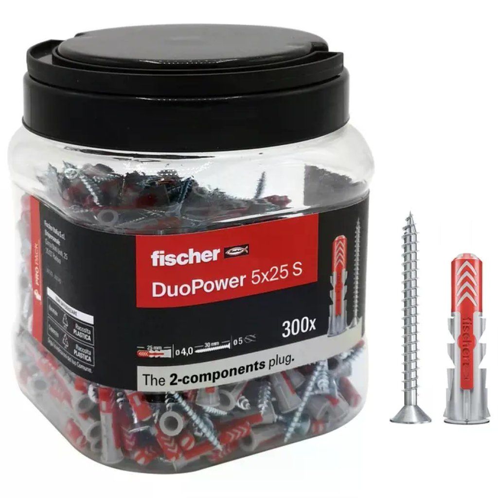Fischer Duopower 5x25 S con vite, confezione da 300 pezzi Fischer Duopower 5x25 S con vite, confezione da 300 pezzi