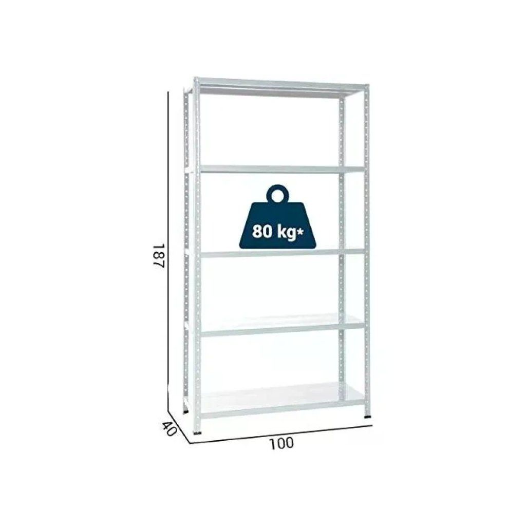 Grima Scaffale Metallico a Bulloni, 5 Ripiani, 400 kg, 100×40×185 cm, Bianco
