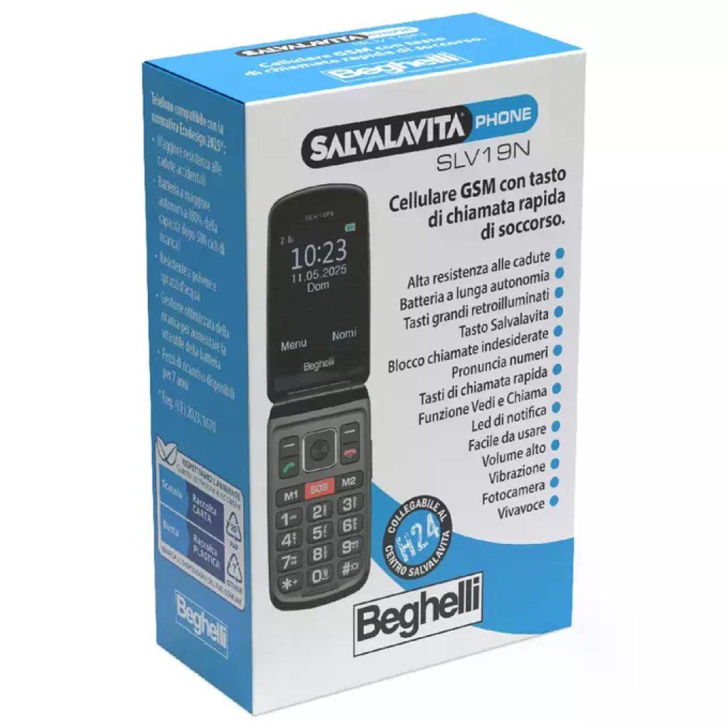 Beghelli Salvalavita Phone SLV19N ECO – Cellulare per Anziani con Tasto SOS, Nero