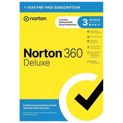 Norton 360 Deluxe 2026 Antivirus, 3 dispositivi, 1 anno