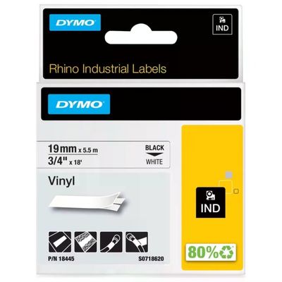 DYMO Rhino 18445 – Nastro in vinile nero su bianco, 19 mm x 5,5 m, confezione da 5