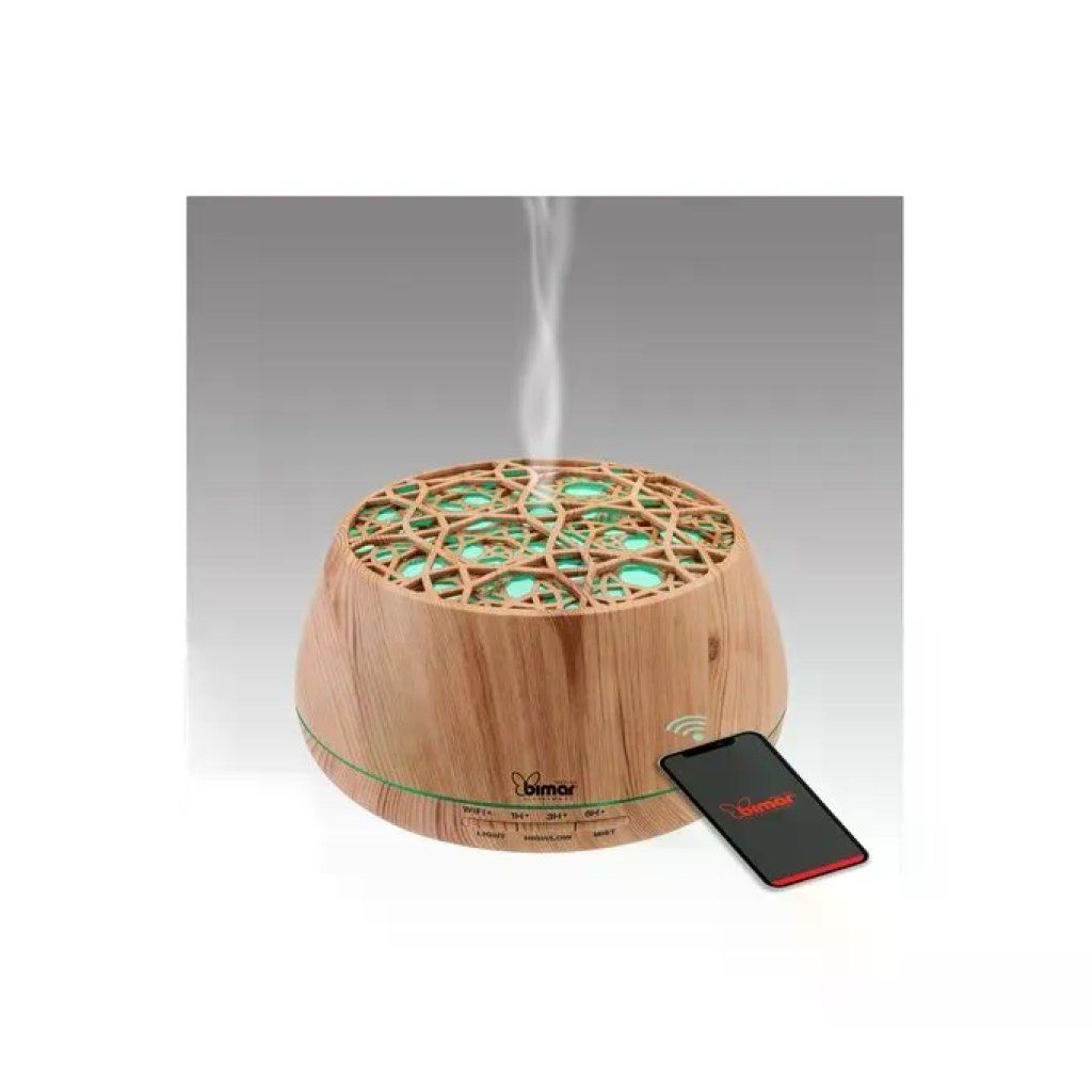 Bimar Diffusore di Aromi Wi-Fi con Luci LED e Speaker Bluetooth, Effetto Legno Chiaro