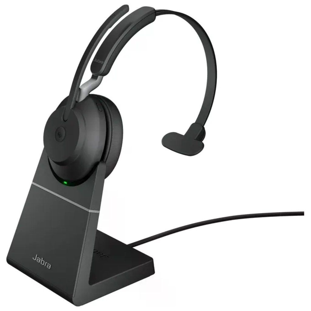 Jabra Evolve2 65 MS Mono – Cuffia wireless Bluetooth nera con base di ricarica