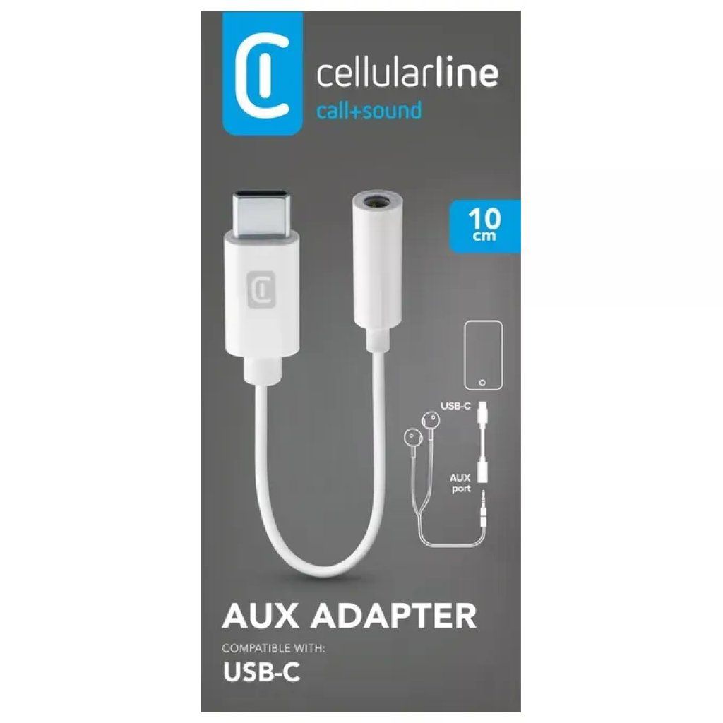 Cellularline Music Enabler – Adattatore USB-C a jack audio 3,5 mm, cavo 15 cm, bianco