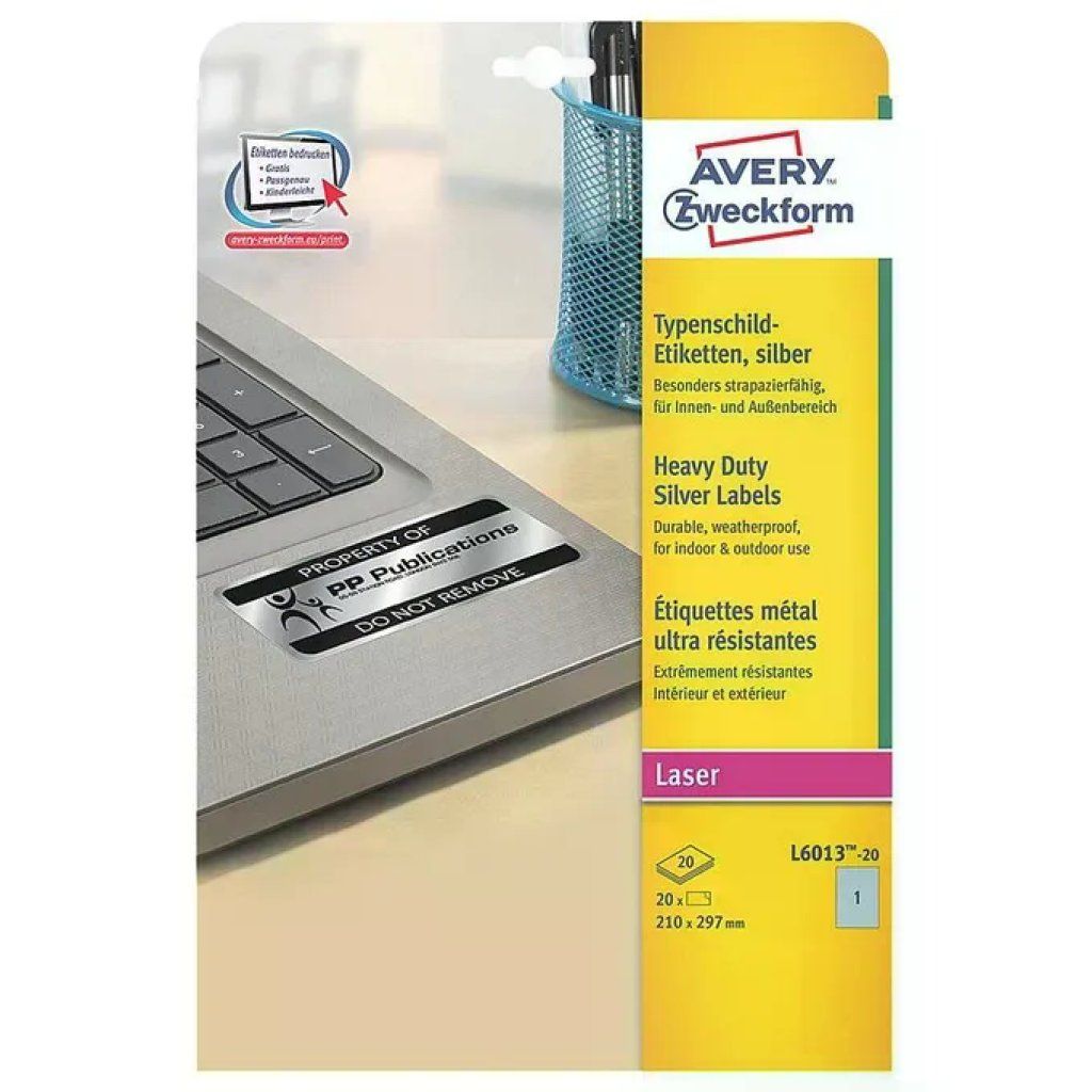 Avery L6013-20 Etichette Adesive Argento A4 in Poliestere, 20 Fogli Avery L6013-20 Etichette Adesive Argento A4 in Poliestere, 20 Fogli
