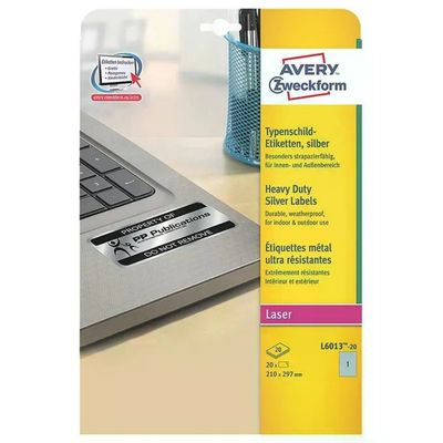 Avery L6013-20 Etichette Adesive Argento A4 in Poliestere, 20 Fogli