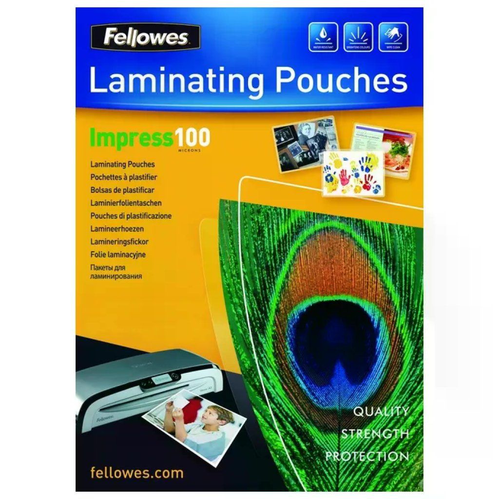 Fellowes Impress 100 – 100 pouches lucide A4, 100 micron Fellowes Impress 100 – 100 pouches lucide A4, 100 micron