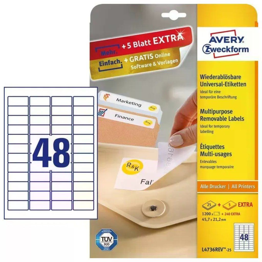 Avery L4736REV-25 Etichette Rimovibili Bianche, 45,7 × 21,2 mm, per Laser e Inkjet, 1440 Pezzi