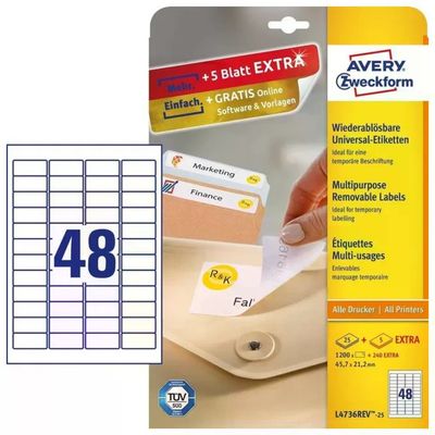 Avery L4736REV-25 Etichette Rimovibili Bianche, 45,7 × 21,2 mm, per Laser e Inkjet, 1440 Pezzi Avery L4736REV-25 Etichette Rimovibili Bianche, 45,7 × 21,2 mm, per Laser e Inkjet, 1440 Pezzi