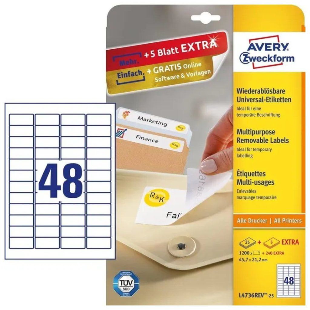 Avery L4736REV-25 Etichette Rimovibili Bianche 45,7 × 21,2 mm