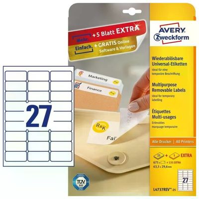 Avery L4737REV-25 – 810 etichette rimovibili 63,5 × 29,6 mm per stampanti laser