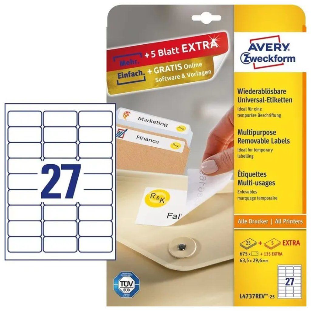 Avery L4737REV-25 Etichette Rimovibili Laser, 63,5 × 29,6 mm, 810 pezzi