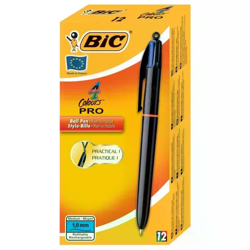 BIC 4 Colours Pro – Confezione da 12 penne a sfera retrattili, 4 colori, punta 1 mm
