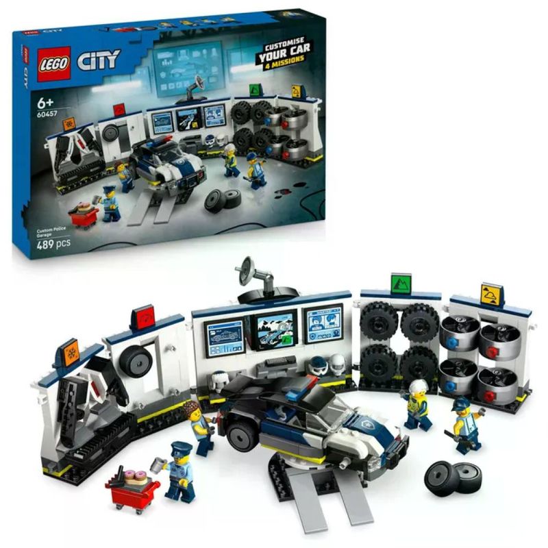 Lego city officina delle auto della polizia 60457, 489 pezzi, 4 minifigure, garage modulare, eta' 6+
