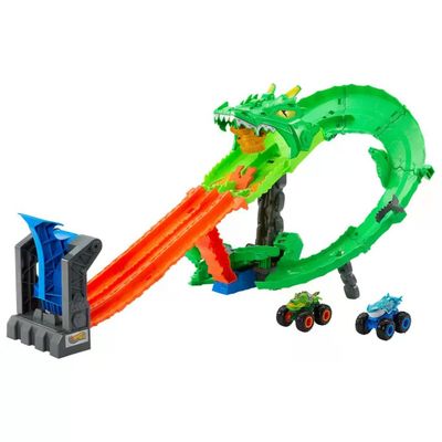 MATTEL Hot Wheels Monster Trucks Pista Demolizione del Drago con 2 Veicoli, dai 4 Anni