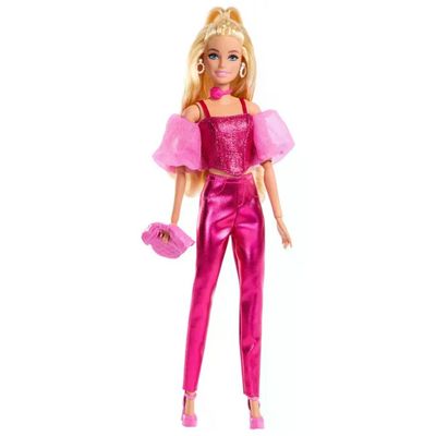 Barbie Fashionista Deluxe bionda con outfit rosa metallizzato e accessori