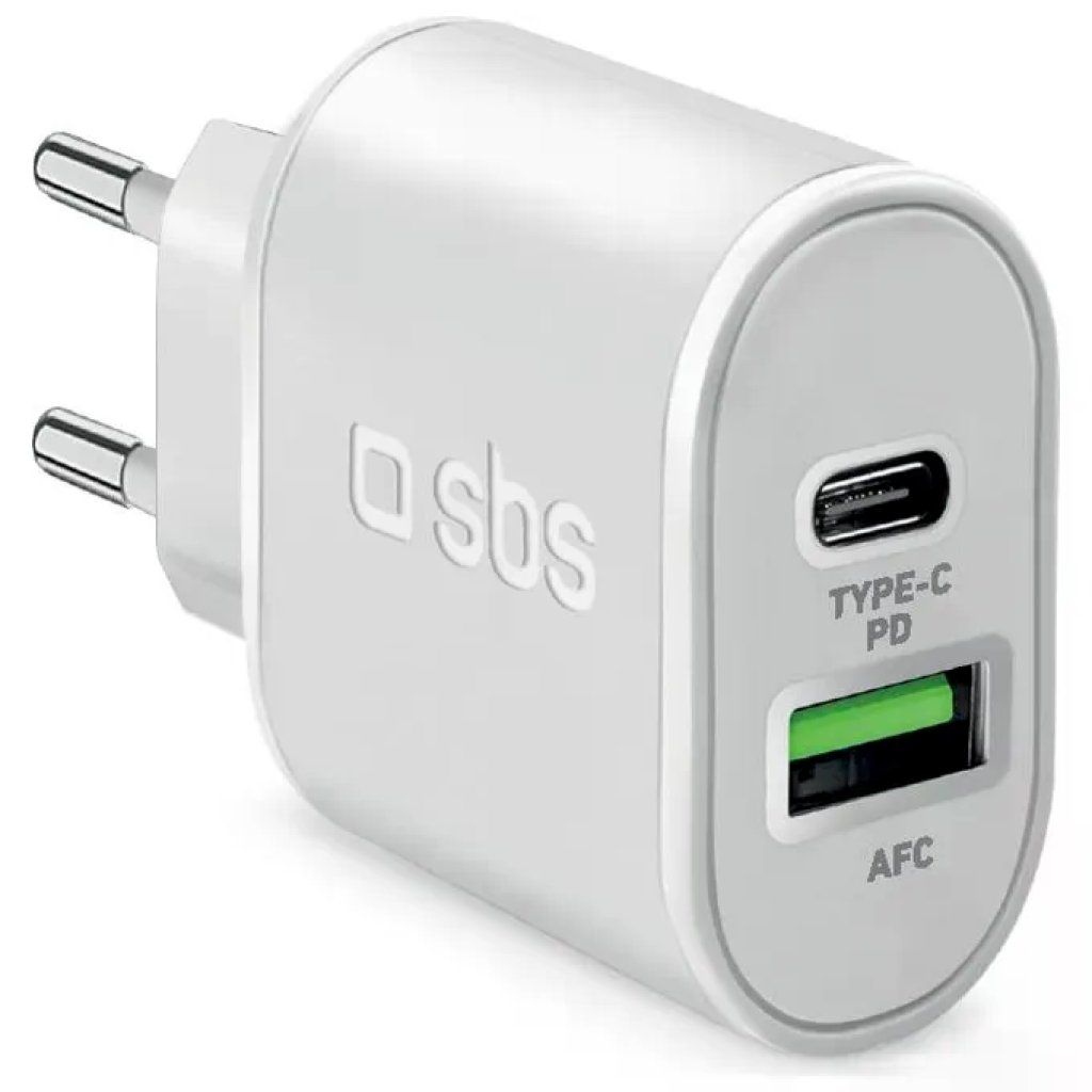 SBS TETRPD20W Caricabatterie da Parete 20W USB-C e USB-A Bianco