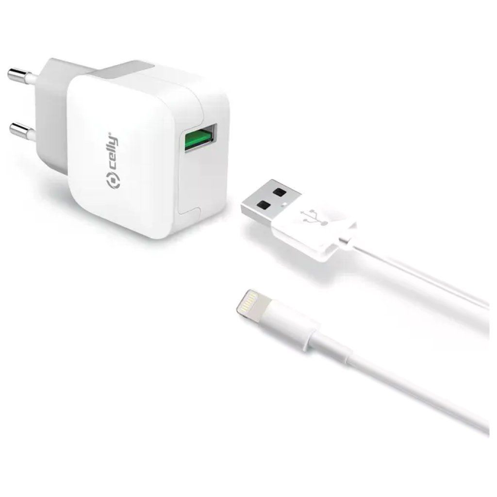 Celly TCUSBLIGHT Kit Caricabatterie 12W Turbo Charger USB con cavo Lightning MFi colore Bianco