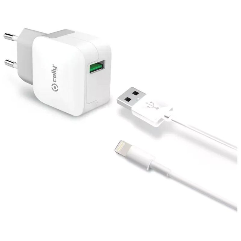Celly TCUSBLIGHT Kit Caricabatterie 12W Turbo Charger USB con cavo Lightning MFi colore Bianco Celly TCUSBLIGHT Kit Caricabatterie 12W Turbo Charger USB con cavo Lightning MFi colore Bianco