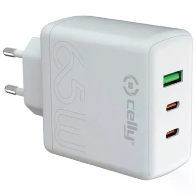 Celly EvoWh Caricatore da Parete GaN 65W, 2 USB-C e 1 USB-A, Bianco Celly EvoWh Caricatore da Parete GaN 65W, 2 USB-C e 1 USB-A, Bianco