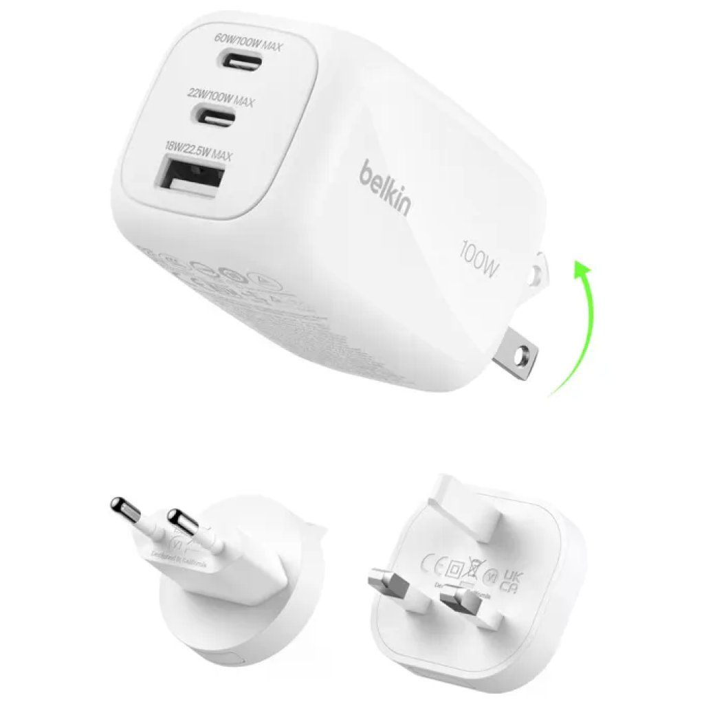 Belkin WCH016HQWH Caricabatterie GaN 100W con 3 Porte USB