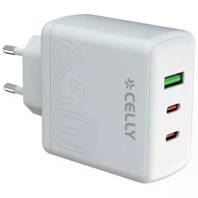 Celly UP Caricabatterie GaN 65W con 2 USB-C e 1 USB-A, Bianco
