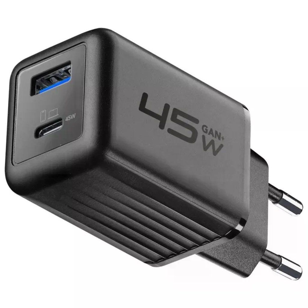 Cellularline Multipower Micro Caricabatterie GaN 45W a 2 Porte USB, Nero