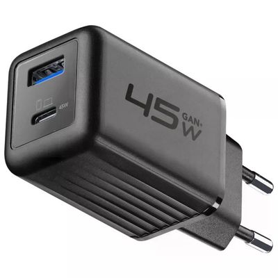 Cellularline Multipower Micro Caricabatterie GaN 45W a 2 Porte USB, Nero
