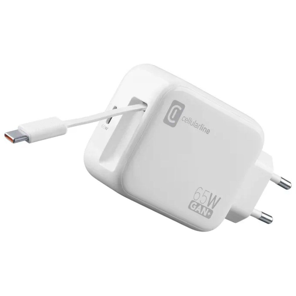 Cellularline Retractable Power GaN 65W – Caricabatterie USB-C Bianco con Cavo Retrattile