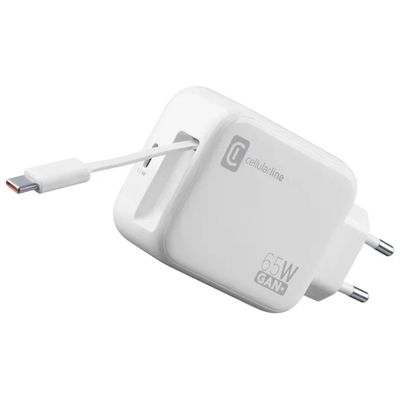 Cellularline Retractable Power GaN 65W – Caricabatterie USB-C Bianco con Cavo Retrattile