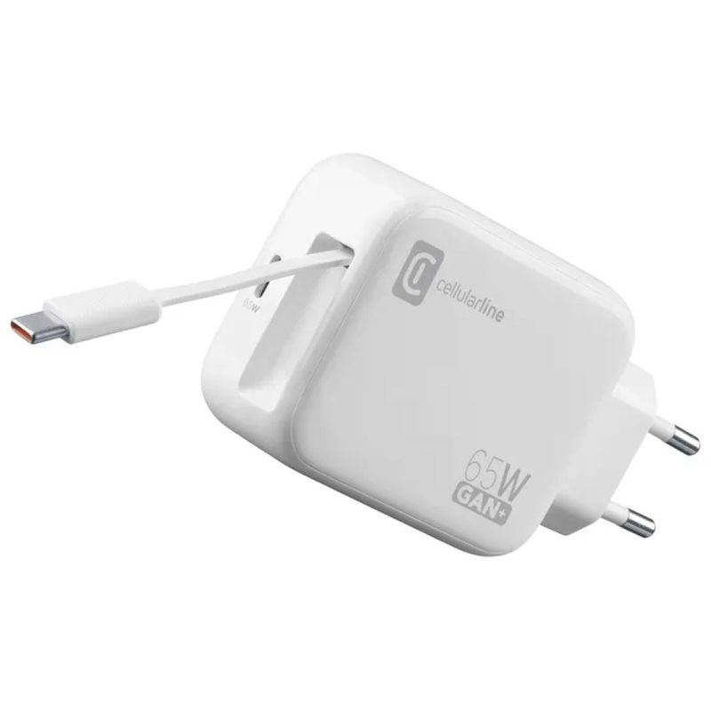 Cellularline ACHROLLUSBCGAN65WW Retractable Power Caricabatterie da Rete 65W GaN USB