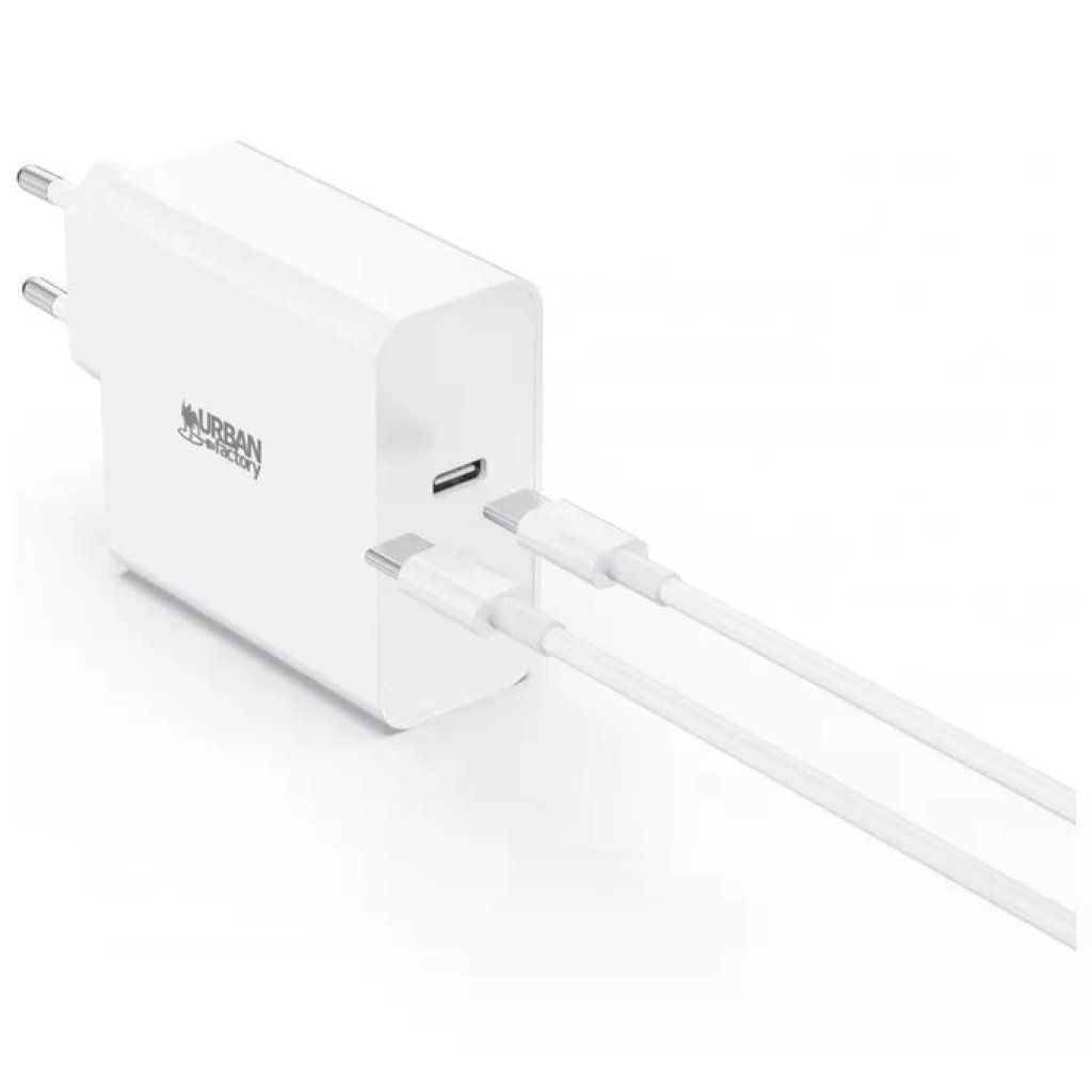 Urban Factory Powee PSC65UF Caricatore USB-C 65 W Bianco con Cavo da 2 m