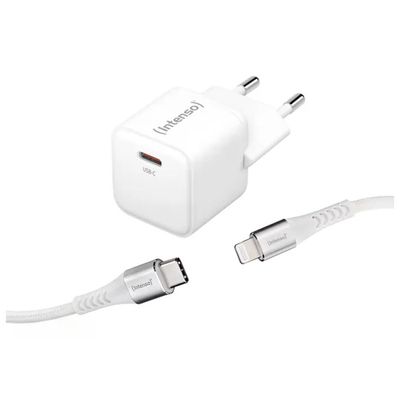 Intenso Caricabatterie USB-C GaN 30 W con Cavo USB-C a Lightning, Bianco