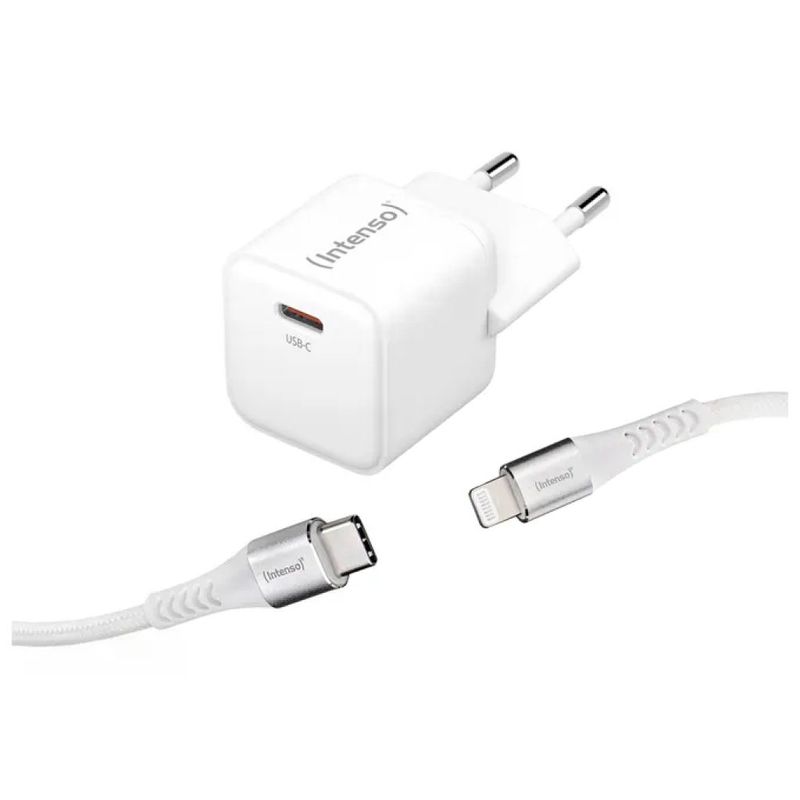 Intenso Caricabatterie USB-C GaN 30 W con Cavo USB-C a Lightning, Bianco