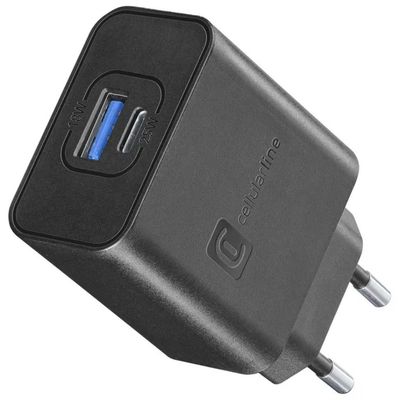 Cellularline Dual Super Fast Charger 25W – Caricabatterie da Rete USB e USB-C, Nero Cellularline Dual Super Fast Charger 25W – Caricabatterie da Rete USB e USB-C, Nero
