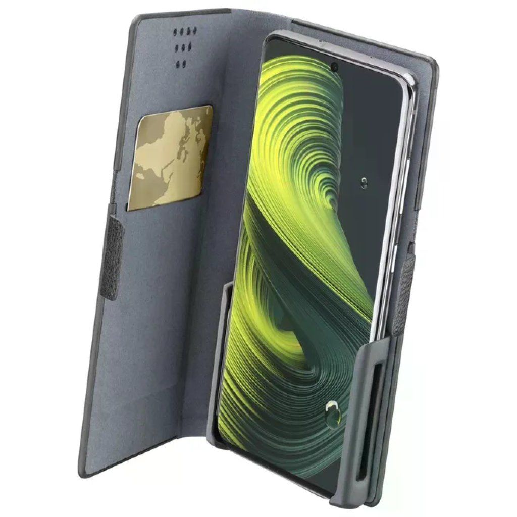 Cellularline Slide & Click – Custodia universale a libro nera per smartphone fino a 9 × 17 cm