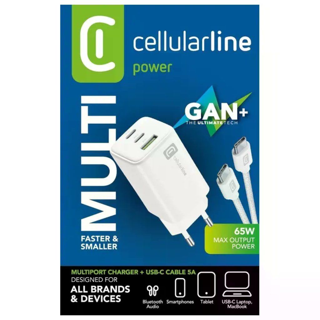 Cellularline Multipower GaN+ Caricabatterie 65W USB-C/USB-A Bianco Cellularline Multipower GaN+ Caricabatterie 65W USB-C/USB-A Bianco