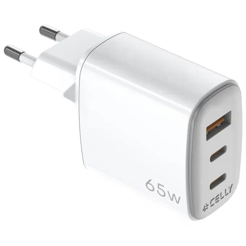 Celly Caricabatterie da Muro GaN 65W con 2 USB-C e 1 USB-A, Bianco