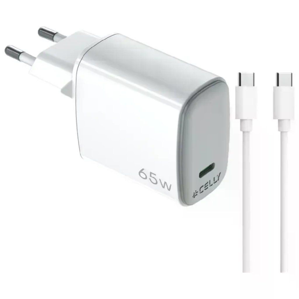 Celly Caricatore USB-C GaN 65W con Cavo da 2 m – Bianco Celly Caricatore USB-C GaN 65W con Cavo da 2 m – Bianco