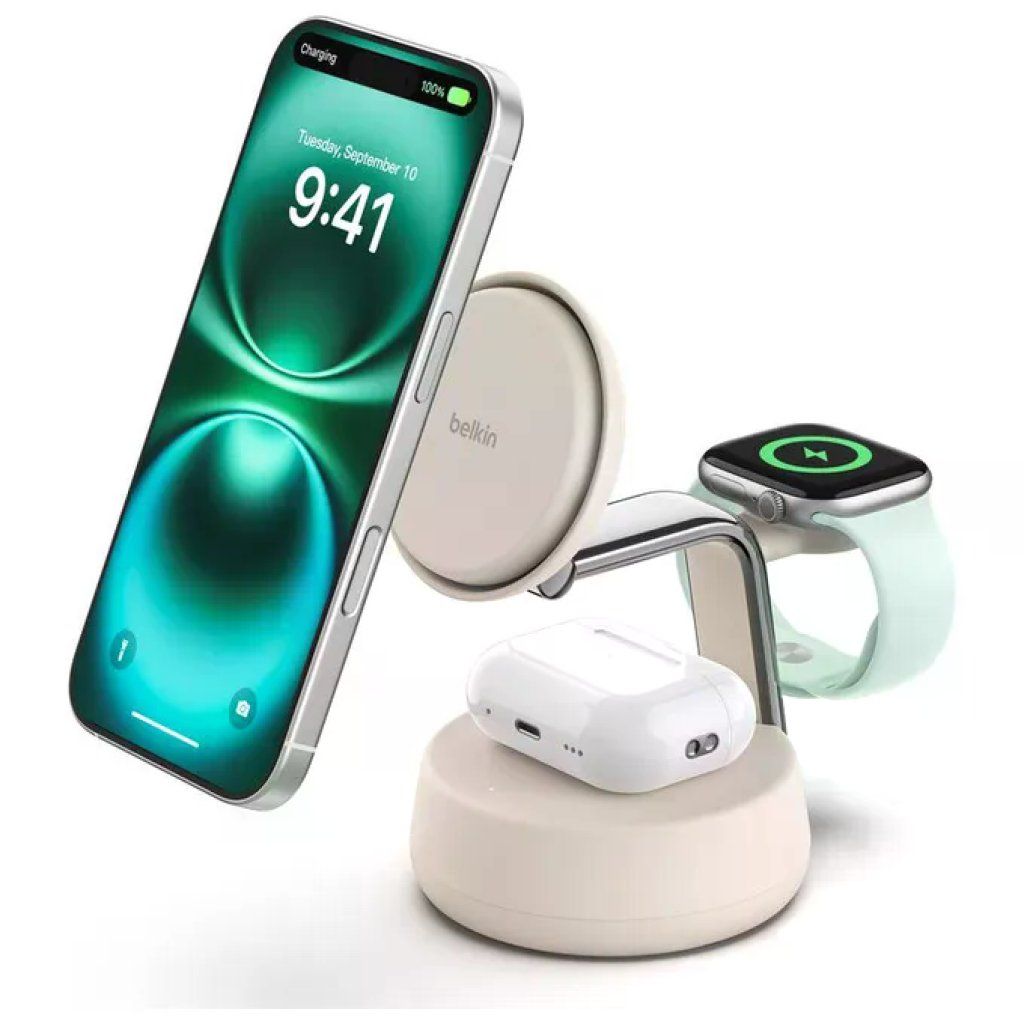 Belkin UltraCharge Pro – Dock magnetico Qi2 3 in 1 da 25 W, sabbia