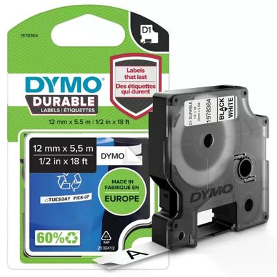 DYMO d1 Durable 12 mm x 5,5 m nero Bianco Permanente