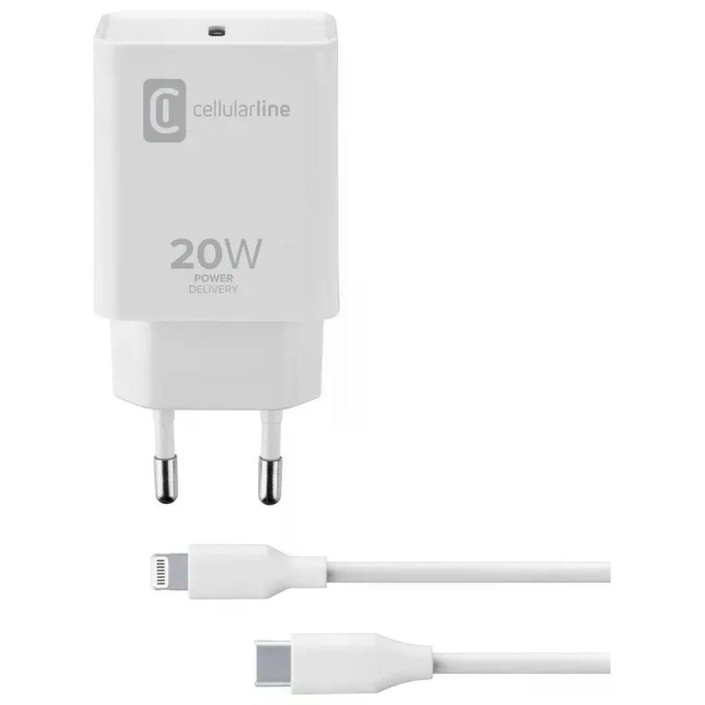 Cellularline Caricabatterie USB-C 20W con Cavo USB-C-Lightning MFi, Bianco Cellularline Caricabatterie USB-C 20W con Cavo USB-C-Lightning MFi, Bianco