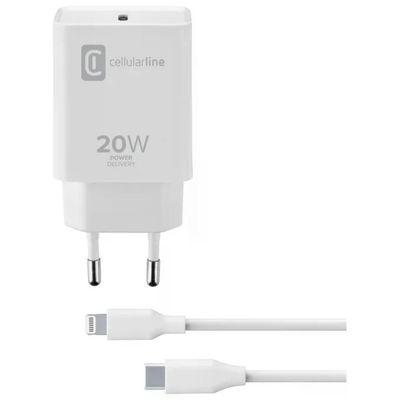 Cellularline Caricabatterie USB-C 20W con Cavo USB-C-Lightning MFi, Bianco