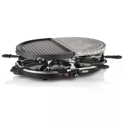 Princess 162710 Raclette Grill Party Ovale con Pietra Ollare 4 in 1 1200W 8 Persone 8 Padellini colore Nero