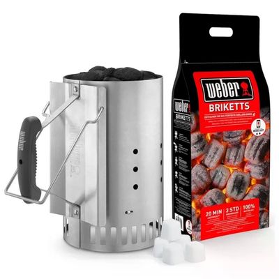 Weber 17631 Kit Ciminiera di Accensione 2 Kg Bricchetti 6 Cubetti Accendifuoco colore Argento